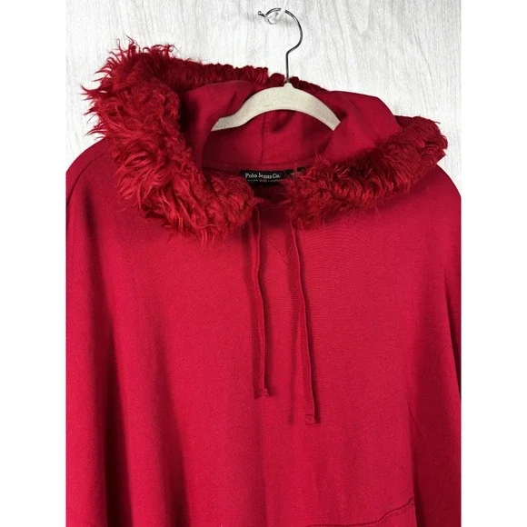 Polo Jeans Co Ralph Lauren Poncho Cape Red Fringe Hooded One Size Vintage Boho - Picture 4 of 8